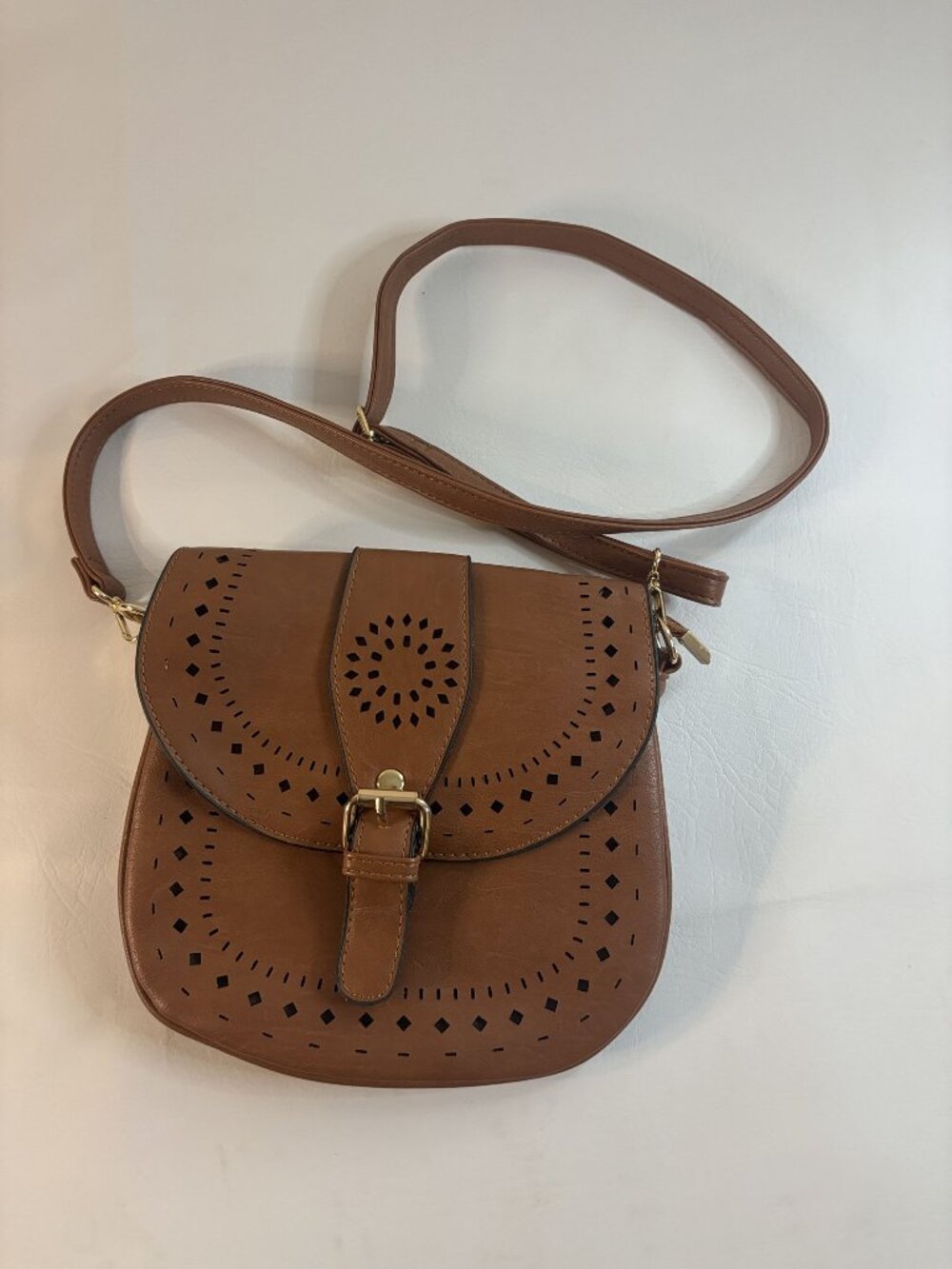 Brown Faux Leather Crossbody Bag With Cutout Design Adjustable Strap Back Zipper